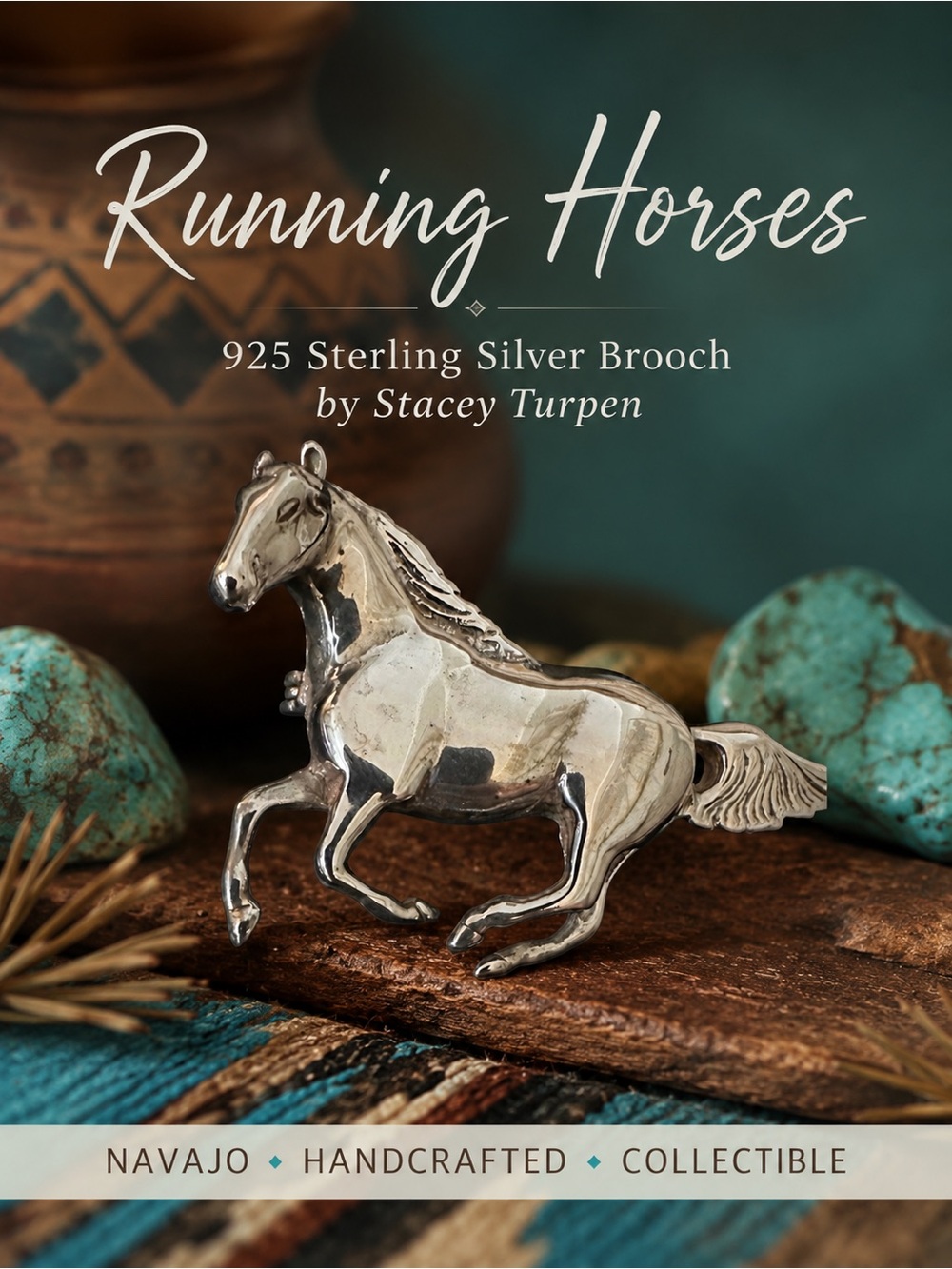Navajo "Running Horses" 925 Sterling Silver Brooch by Stacey Turpen Wearable Art